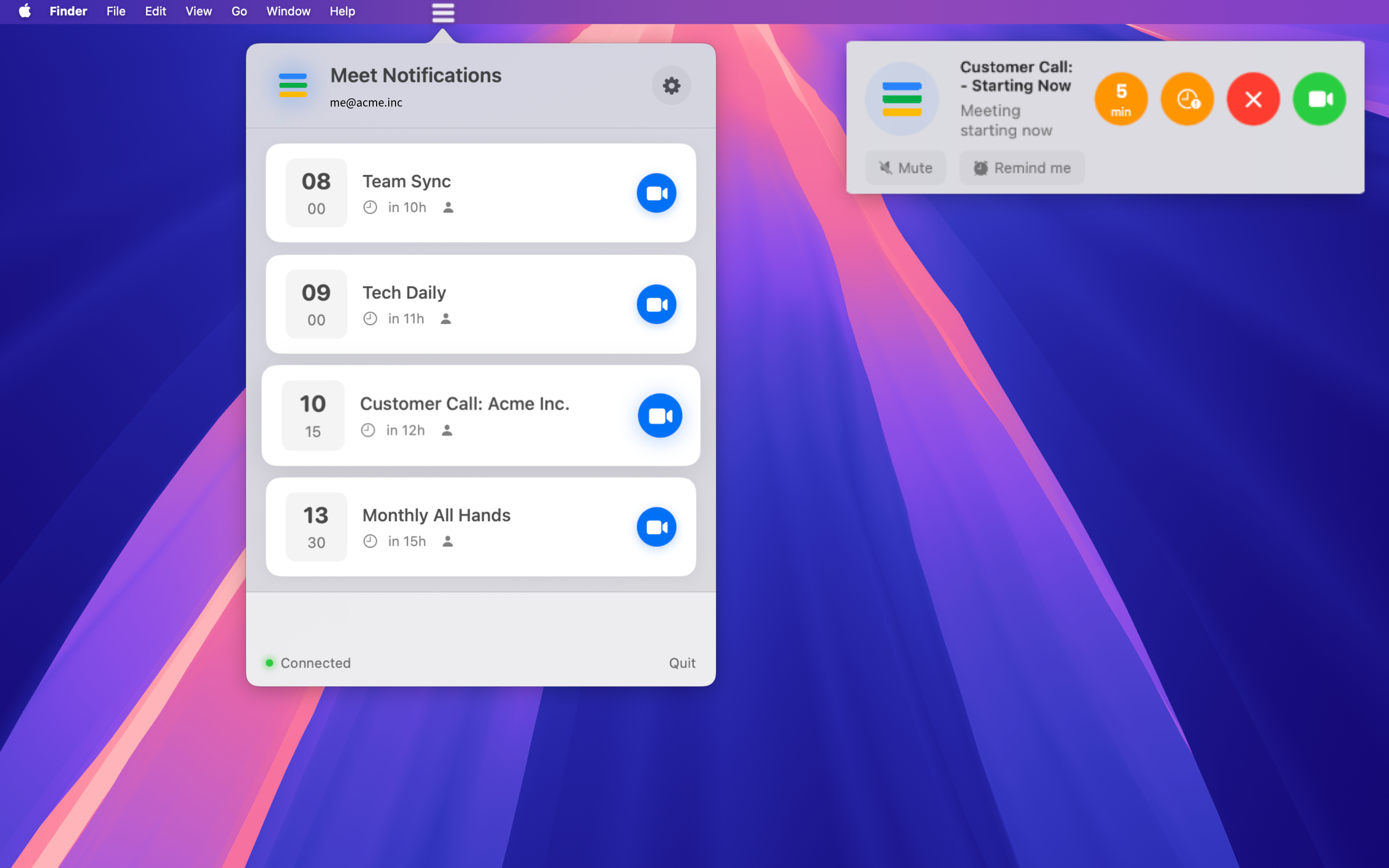 Meet Notifications App Screenshot showing meeting alerts in macOS menu bar