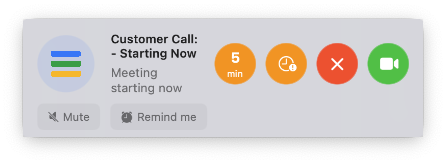 Meeting notification popup with join, late, and decline buttons