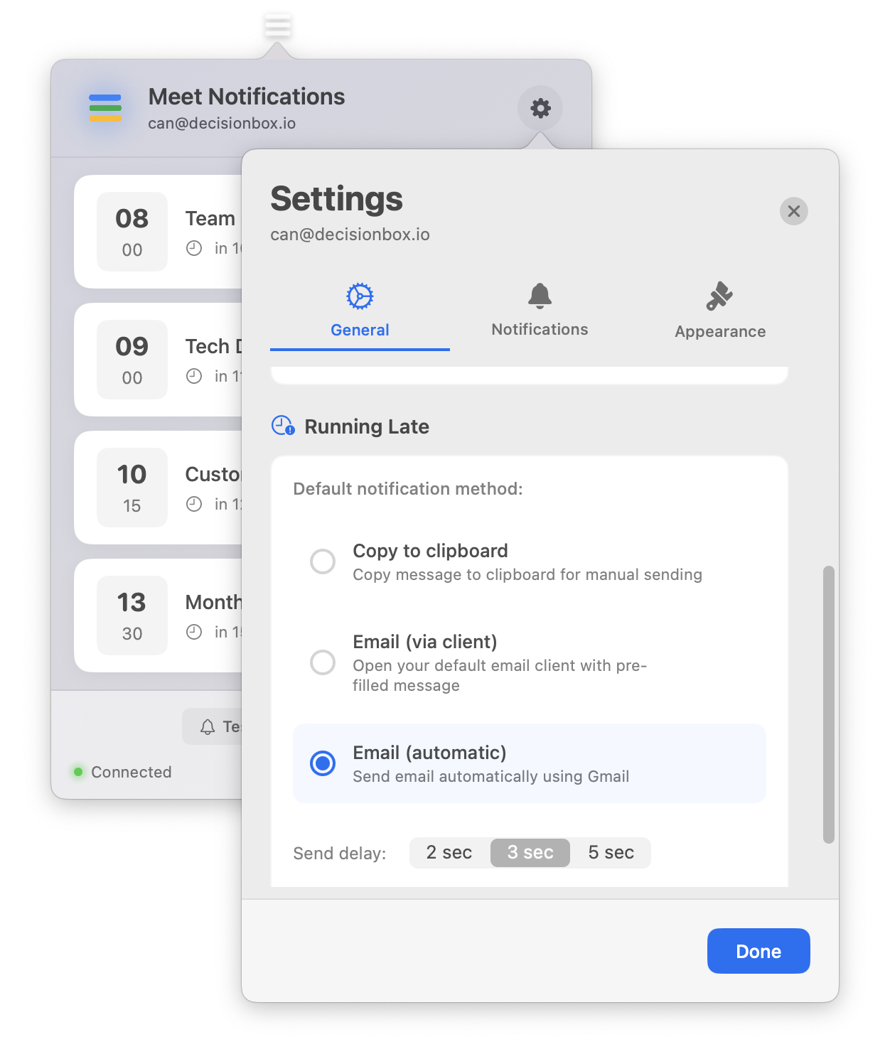 Settings screen showing notification preferences and sound options